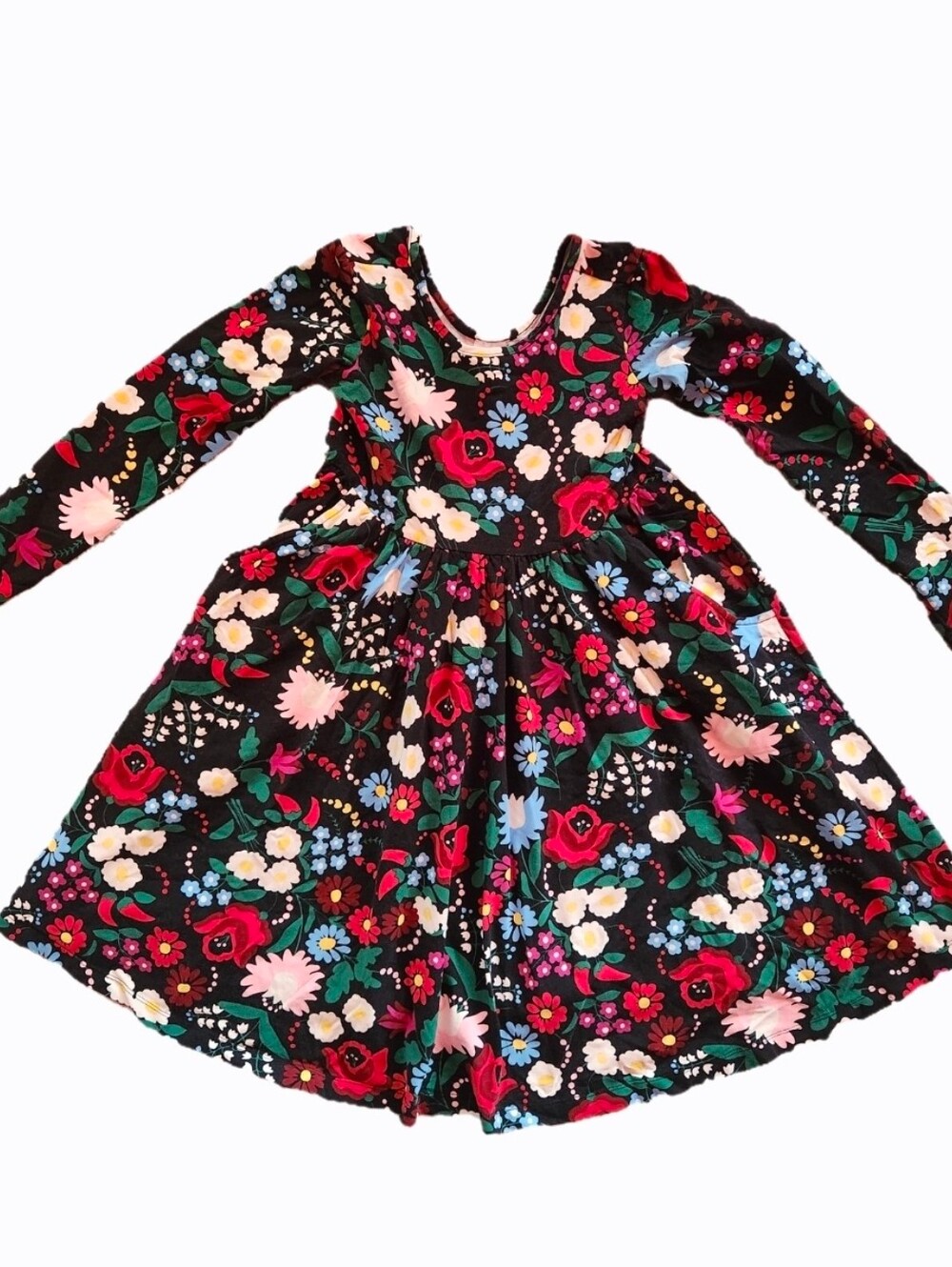 Hanna Andersson Black Floral Long-Sleeve Skater Dress 130 / 8 Yrs